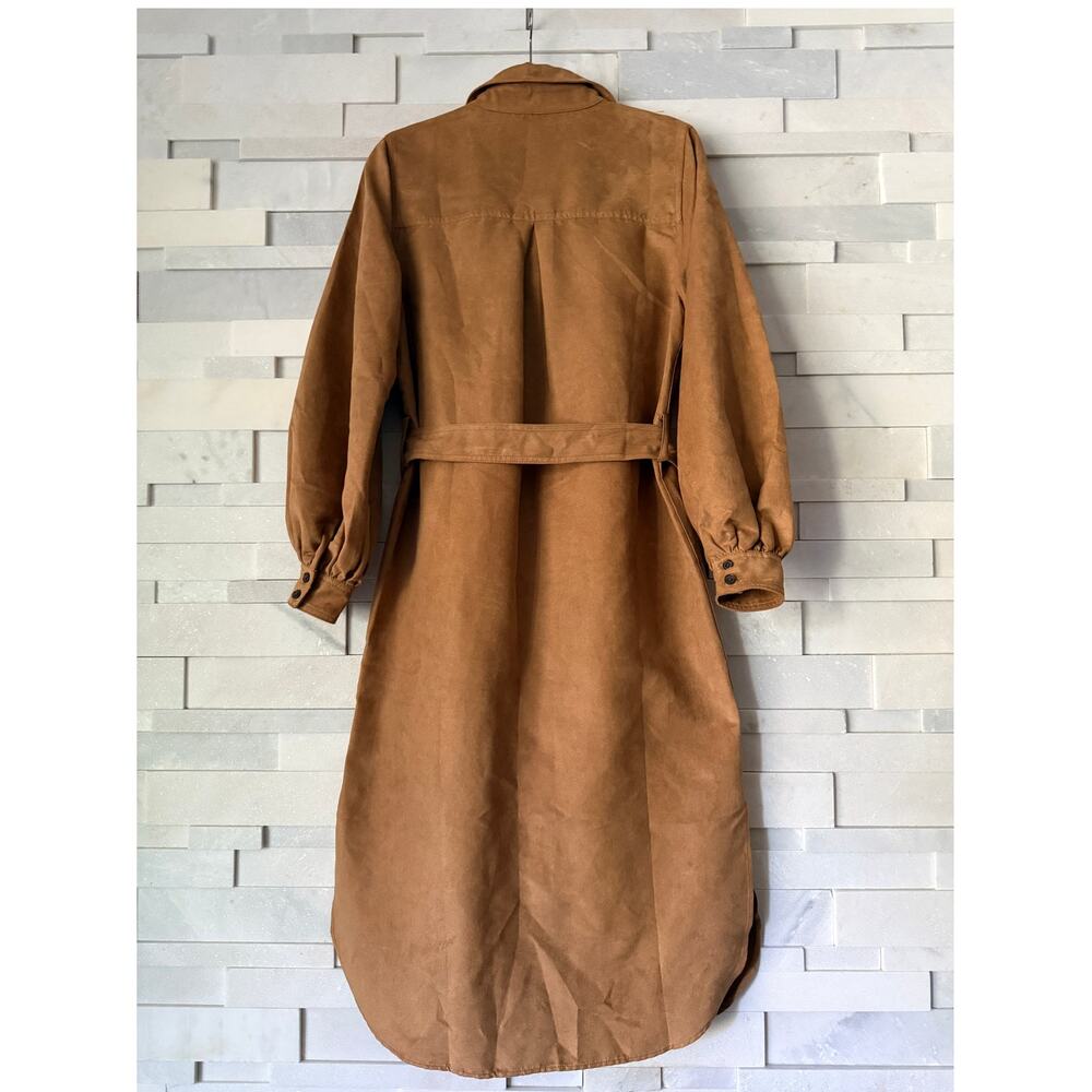 BANANA REPUBLIC Faux-suede Midi Shirt Dress Classic Tan/Camel M western safari - Picture 2 of 5